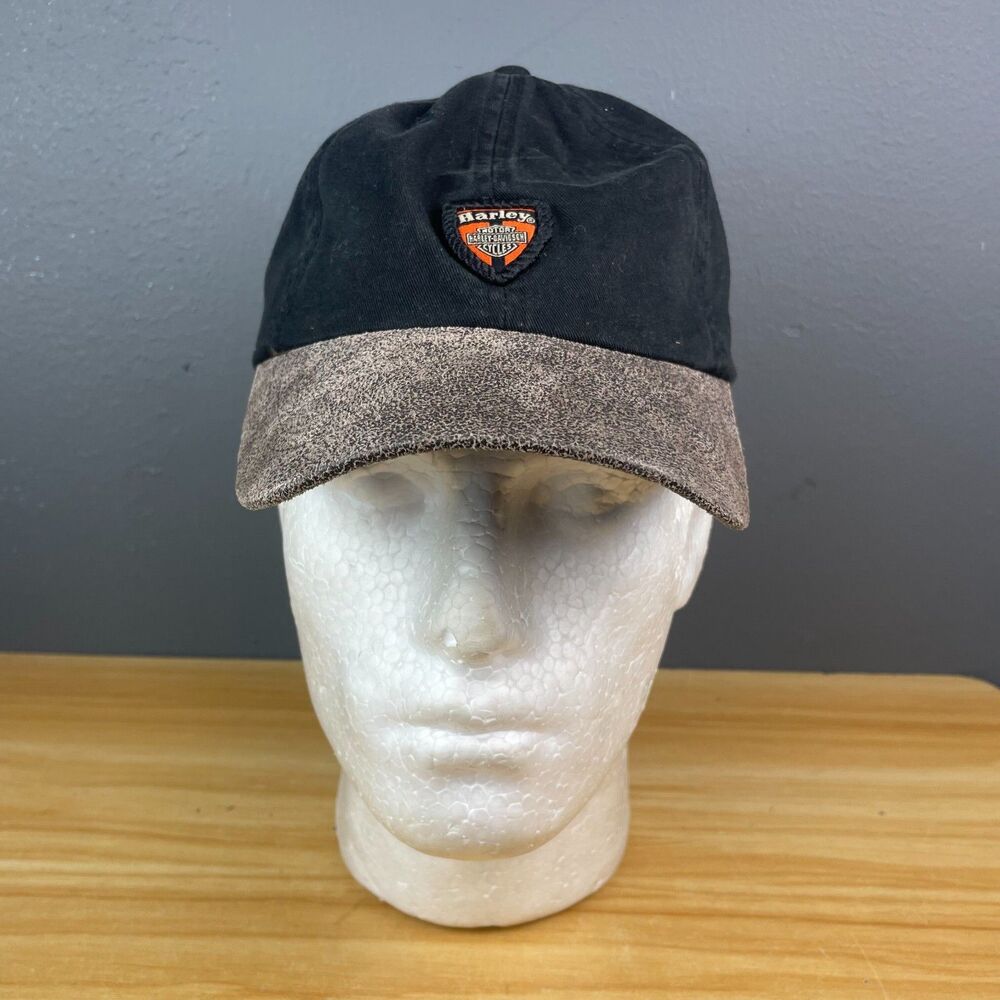 Harley-Davidson Motorcycle Hat Cap Black Faux Leather Brim Strapback Embroidered